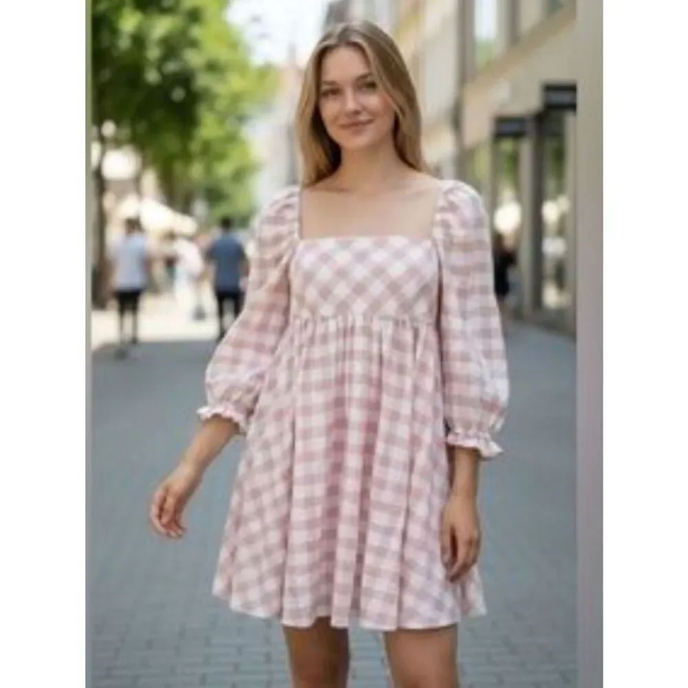 Storia Blush Pink Gingham Babydoll Dress Sz Medium